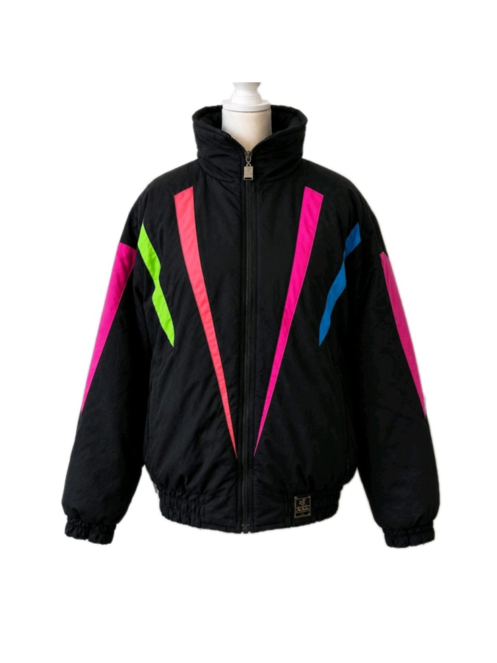 VTG 80s Neon Ski Puffer Jacket Womens M Black Colorblock Retro Snow Bomber Coat
